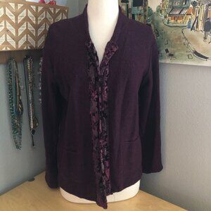 VTG Indigenous Designs Wool Burnout Velvet Trim Cardigan Sweater
